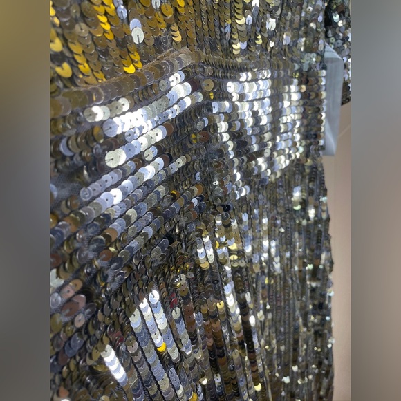 Mac Duggal 4707 Sequin Stripe Platinum Metallic V-Neck Gown Size 12 - Picture 7 of 13